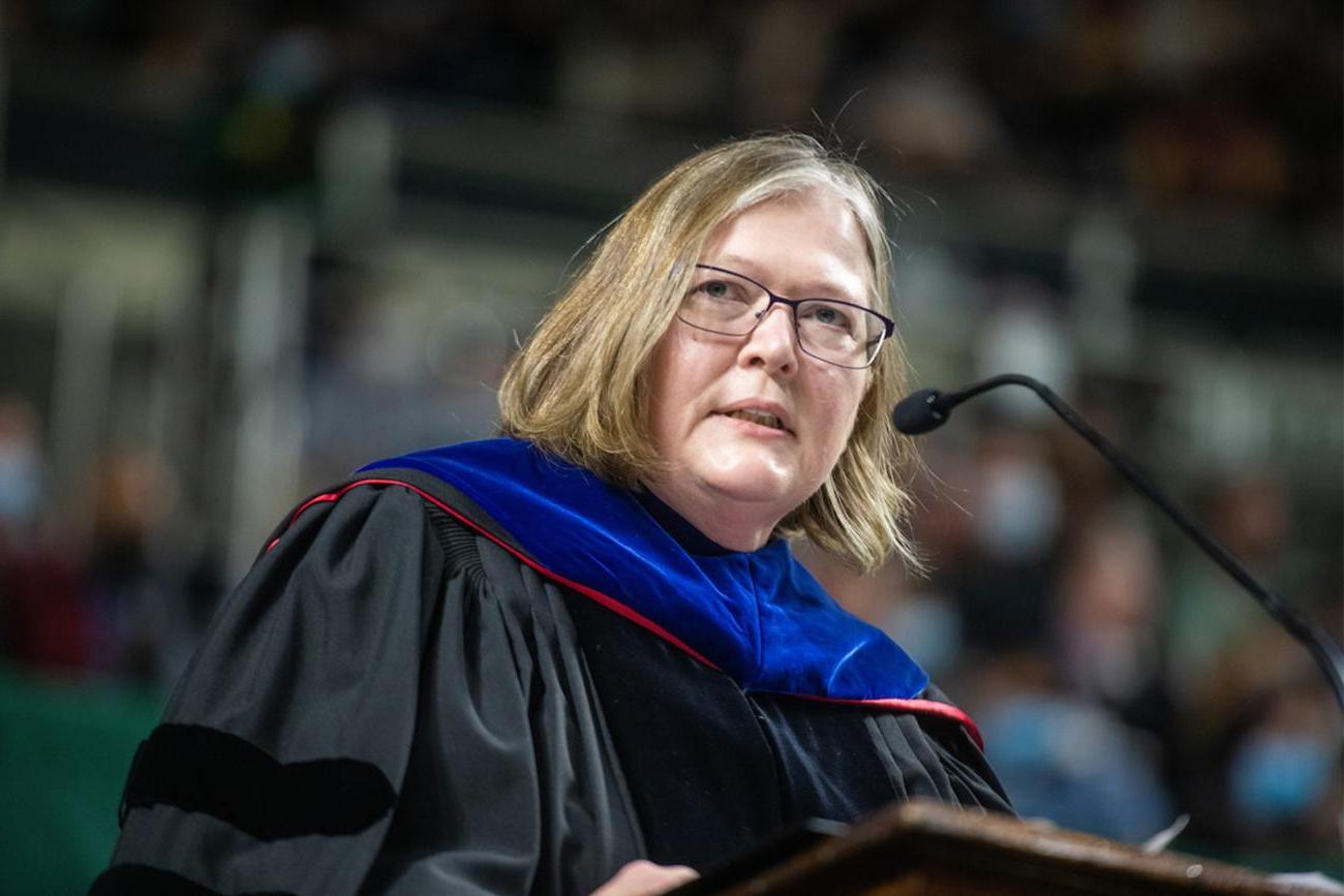 Elizabeth Sayrs, Ohio University's Executive Vice President and Provost, speaks at commencement