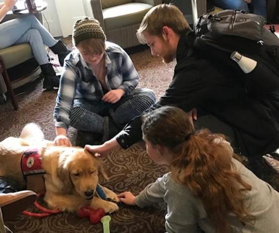 Students pet Chilly the Therapy Dog